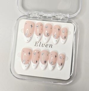 Elven Pink and White French Tips Handmade Press On Nails Medium Almond